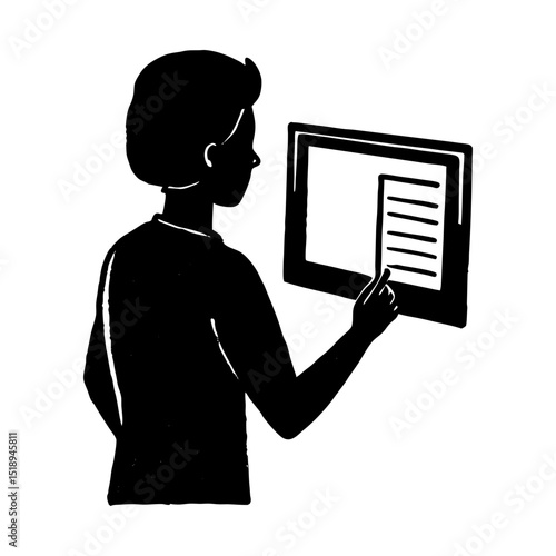 Person interacting with touch screen device silhouette