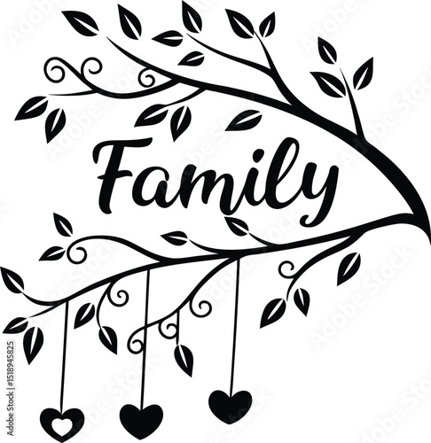 A stylized family tree design with hanging hearts and the word family in a cursive font style