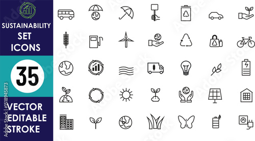 ChatGPT said:
A vector icon set featuring 35 sustainability-themed line icons, including Earth, solar panel, recycling, wind turbine, bike, tree, leaf, butterfly, and battery