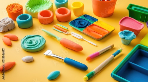 Colorful Clay Playtime: A vibrant collection of modeling clay, tools, and containers, perfect for creative expression and imaginative play.