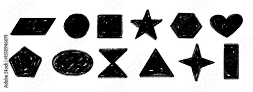 Black hand drawn crayon shape set. Charcoal geometric doodle collection. Black pastel pencil texture form pack for sticker, patch, badge. Childish sketch square, crown, star, heart elements. Vector