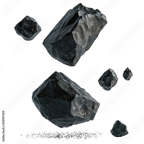 A digital rendering showcases several dark grey, irregularly shaped rocks seemingly floating against a black background, with a subtle dusting of dark particles at the base