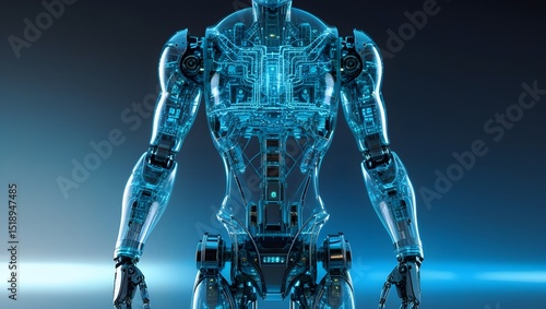 Futuristic Transparent Robot with Circuit Patterns and Neon Glow