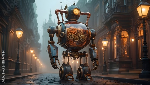 Steampunk Robot with Cogs in Foggy Vintage Cityscape