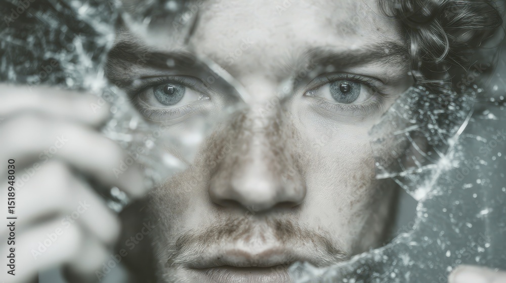 Obraz premium Dramatic Close up Man s Eyes Through Broken Glass Cinematic Lighting High Contrast Int