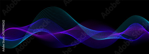Neon sound wave on black background. Abstract flowing wavy dot lines design for ai concept, eq equalizer, audio record, voice assistant. Vector blue green purple gradient dashed curve stripe wallpaper