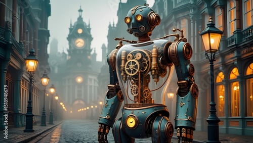 Steampunk Robot in Foggy Vintage City with Clock Tower and Lanterns