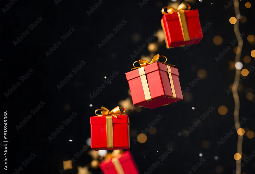 Floating red gifts with gold ribbons and glowing lights on a dark background Floating red gifts with gold ribbons and glowing lights on a dark background