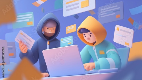 Two Characters Engaged in Digital Communication and Online Activity