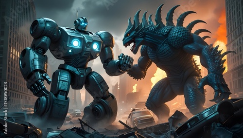 Epic Battle Between Futuristic Robot and Monster in Urban Ruins