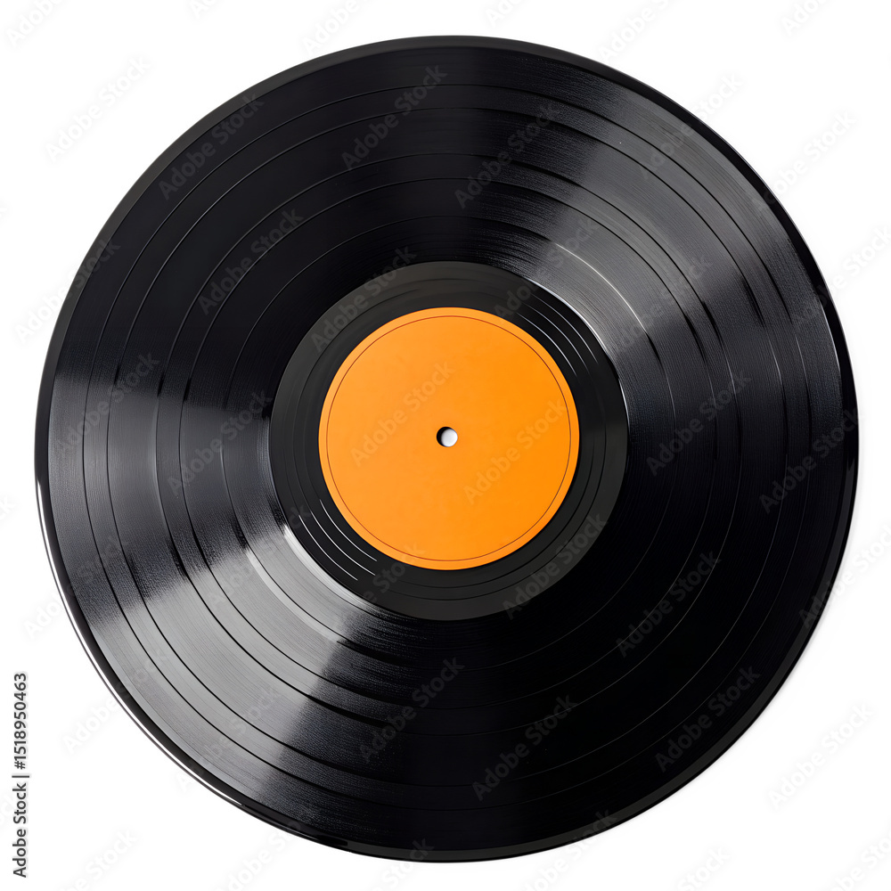 Fototapeta premium A black vinyl record with an orange center label, set against a black background.
