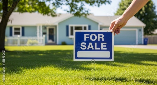 Wallpaper Mural Close-up of hand placing a 'For Sale' sign in front of residential home Torontodigital.ca
