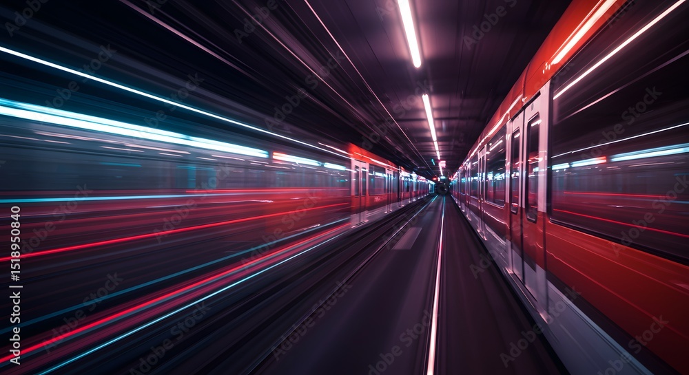 Train traveling through a tunnel illuminated by red and blue lights with abstract patterns and textures Train traveling through a tunnel illuminated by red and blue lights with abstract patterns and textures
