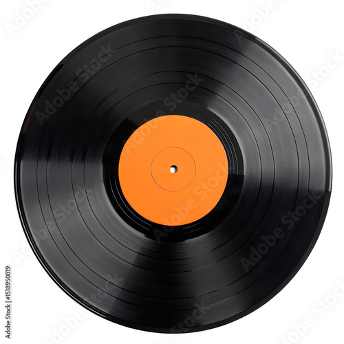A top-down digital illustration of a black vinyl record with a blank orange label in the center. The record has visible grooves and is set against a plain, light grey background.