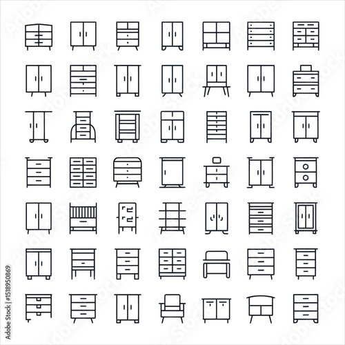 Collection of line art furniture icons representing various cabinets chests dressers and shelves