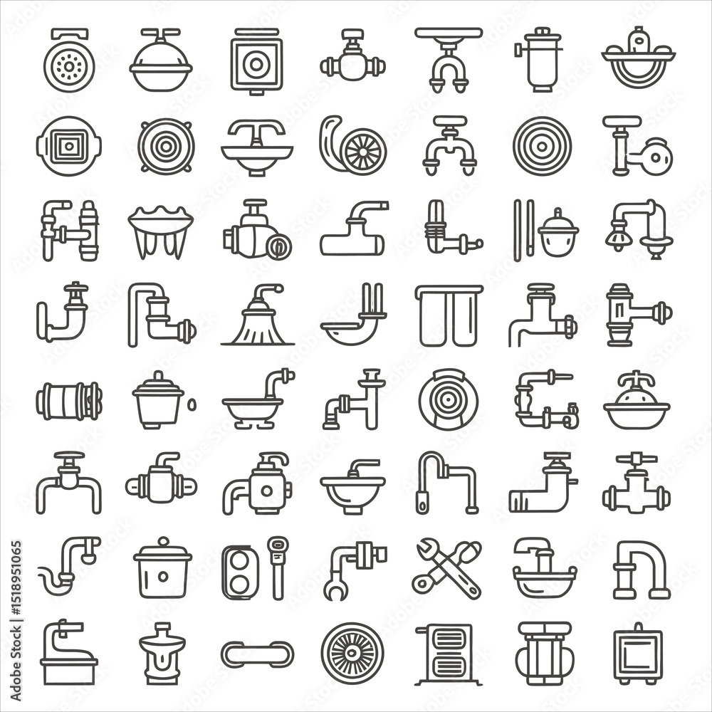 Collection of plumbing fixtures and accessories outlined in modern line art style Collection of plumbing fixtures and accessories outlined in modern line art style