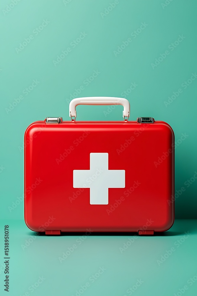 Fototapeta premium Red first aid kit with white cross on teal background