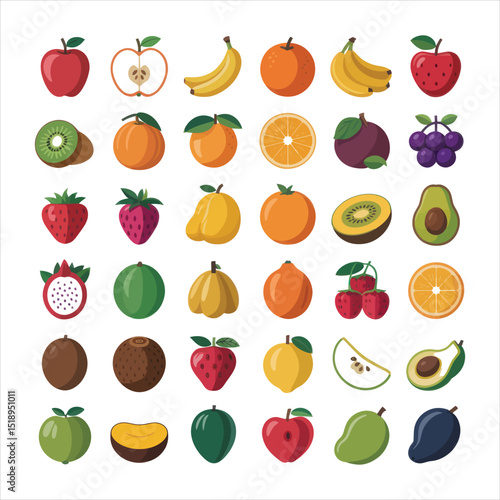 A colorful array of fresh fruits flat icons isolated on a white background