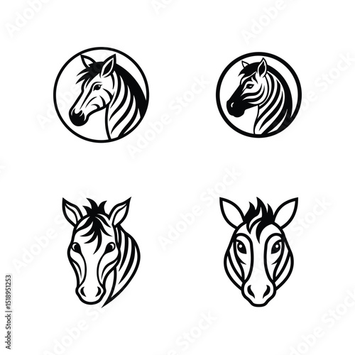 Set of zebra head line art for exotic striped wildlife and nature themed designs vector illustration.