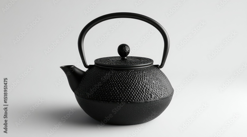 A black cast iron teapot with a round body, a curved handle, and a textured surface sits on a white background. The teapot's lid has a small knob A black cast iron teapot with a round body, a curved handle, and a textured surface sits on a white background. The teapot's lid has a small knob