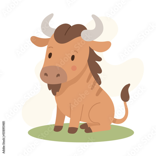 Cartoon wildebeest sitting calmly with gentle expression, stylized horns and brown shades give friendly appearance perfect for children s content or learning materials.