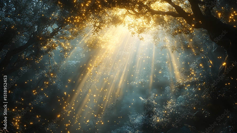 Fototapeta premium Enchanted forest bathed in ethereal light with glowing specks of magic