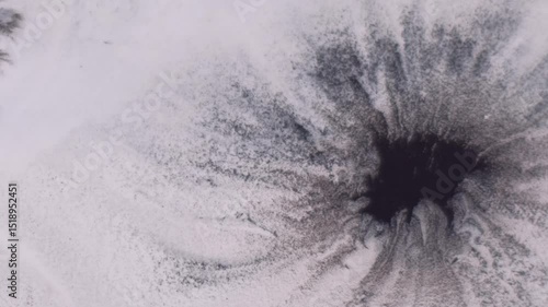 Ink spot. Pigment spill. Black blotch spatter spread fluid wet white paper texture. Art explosion round reveal abstract background.