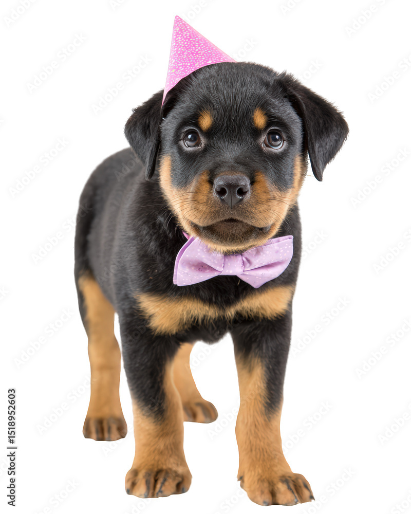 Obraz premium Cheerful Rottweiler puppy wearing pink party hat and bow tie, exuding playful and festive spirit. This adorable pup is perfect for celebrations and brings joy to any occasion