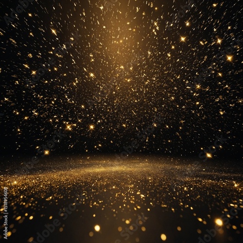 Abstract background shining golden floor ground particles stars dust. Futuristic glittering in space on black background.

