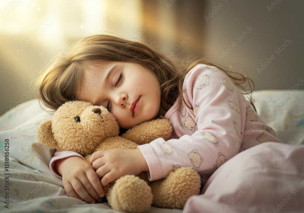 A sweet girl sleeps soundly in bed, hugging her beloved teddy bear closely. A sweet girl sleeps soundly in bed, hugging her beloved teddy bear closely.