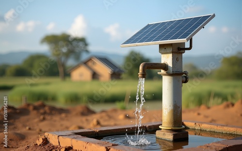 solar-powered water pump providing clean drinking water to a rural community. High quality