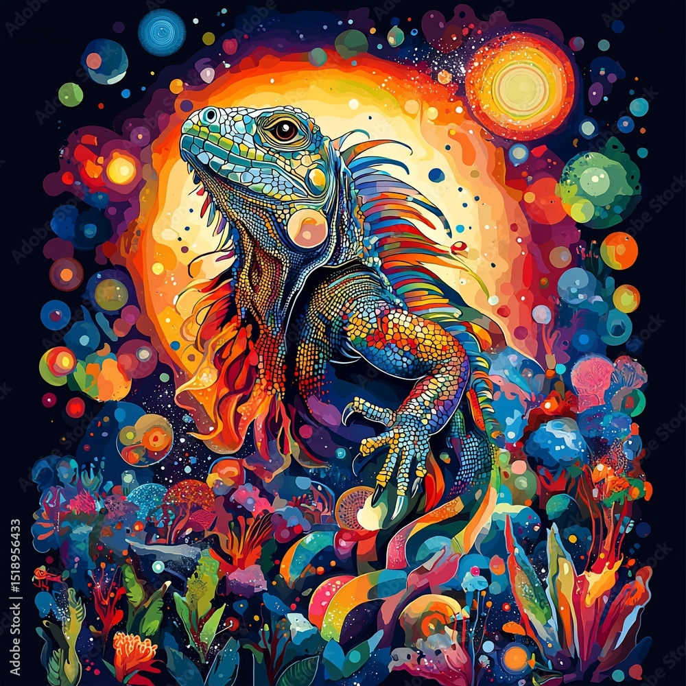 Obraz premium Vibrant Lizard in Cosmic Garden