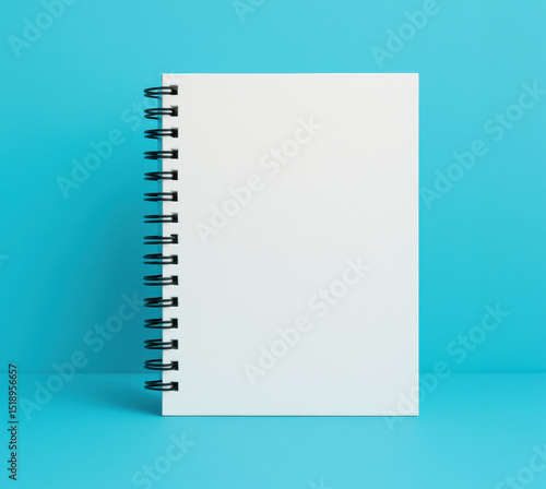 Blank spiral notebook standing upright on a bright blue background, ideal for branding or design mockups