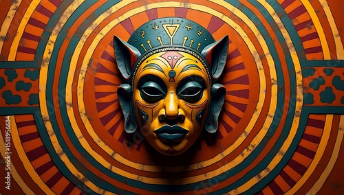 Stylized African tribal mask surrounded by rhythmic lines and warm earth tones. Evokes ancestral wisdom and spiritual strength. Symmetry and symbolism enrich cultural depth.