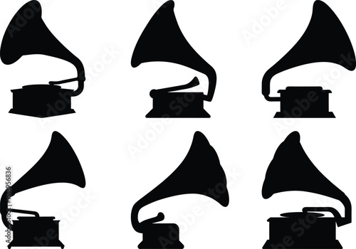Silhouettes of Antique Gramophones and Phonographs in Black and White Design