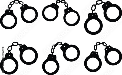 Illustration of six sets of handcuffs in a repeating pattern on white
