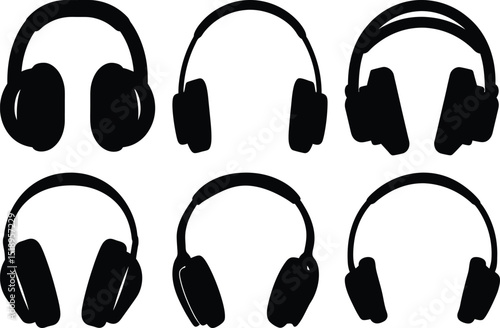 Silhouetted headphone designs in a monochromatic vector compilation for audio lovers