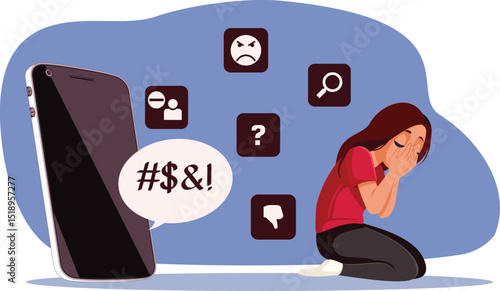 Teen Girl Suffering Because of Online Bullying Vector Illustration. Unhappy teenager feeling depressed after receiving online harassment 
