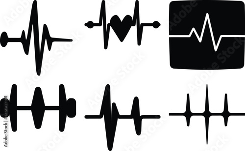 Various depictions of heartbeats and sound waves in black and white format