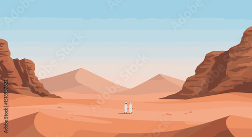 A couple in traditional Islamic clothing standing under a palm tree in the desert. The sunset creates a serene atmosphere, highlighting the simplicity and beauty of the desert.