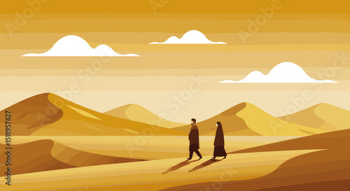 A couple in traditional Islamic clothing standing under a palm tree in the desert. The sunset creates a serene atmosphere, highlighting the simplicity and beauty of the desert.