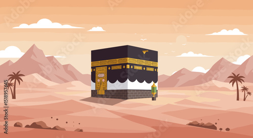 Pilgrims in white robes stand together in front of the Kaaba during the Hajj pilgrimage, with a reverent and holy atmosphere surrounding the sacred site.