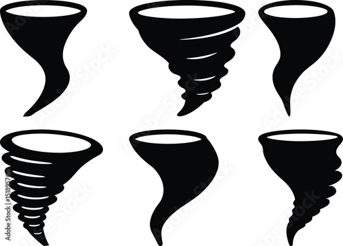 Six black and white tornado silhouette images of various intensity levels