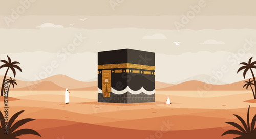 Pilgrims in white robes stand together in front of the Kaaba during the Hajj pilgrimage, with a reverent and holy atmosphere surrounding the sacred site.