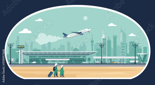 This image shows a couple dressed in green traditional Islamic attire at an airport. The woman is holding a suitcase, while the man is carrying a camera. In the background, there is an airplane flying