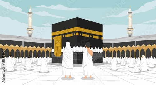 Pilgrims in white robes stand together in front of the Kaaba during the Hajj pilgrimage, with a reverent and holy atmosphere surrounding the sacred site.