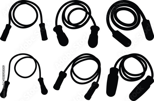 A set of six black and white jump ropes for exercising