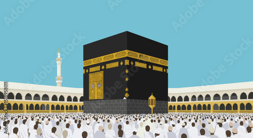 Pilgrims in white robes stand together in front of the Kaaba during the Hajj pilgrimage, with a reverent and holy atmosphere surrounding the sacred site.