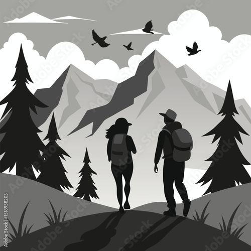 Hiking couple in mountain landscape with trees and birds in silhouette