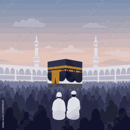 Pilgrims in white robes stand together in front of the Kaaba during the Hajj pilgrimage, with a reverent and holy atmosphere surrounding the sacred site.